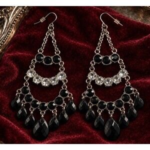 Vintage Black Clear Rhinestone Chandelier Earrings Teardrop Dangles Silver Tone
